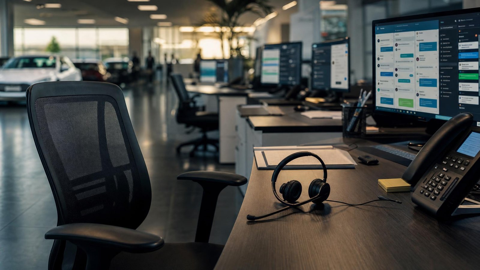 Empty desk and headset in a dealership BDC office — AI is taking over the lower-level follow-up work